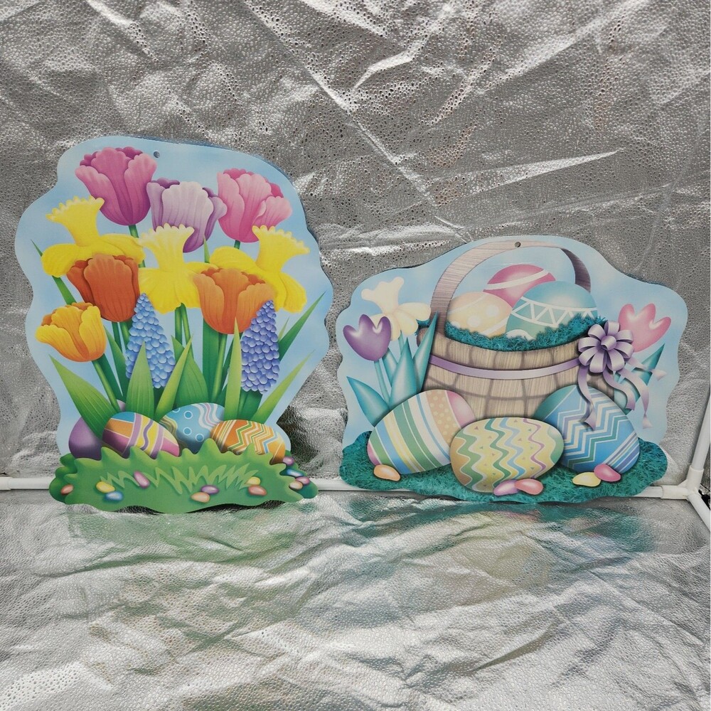 Die Cut Easter Cutout Decorations Colored Eggs Tulips Basket Bows Ribbon VTG 70s